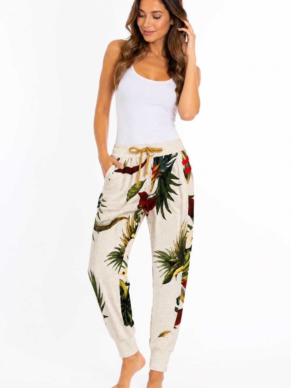 Cream Tropical-Print Drawstring Joggers